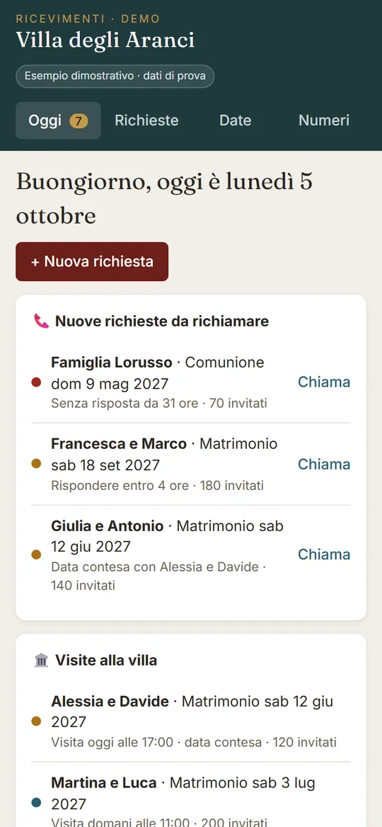 CRM Eventi sul telefono: richieste di matrimonio, date contese e visite in villa
